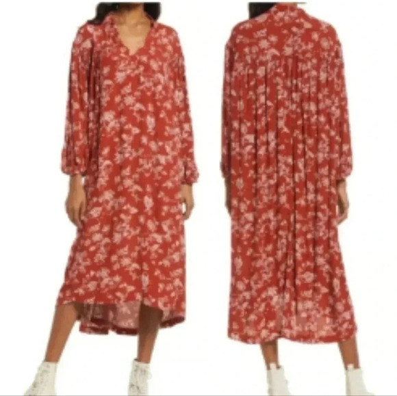 Treasure & Bond Red Boho Garden Floral Long Sleeve Woven Midi Dress Size 1X - Picture 1 of 7